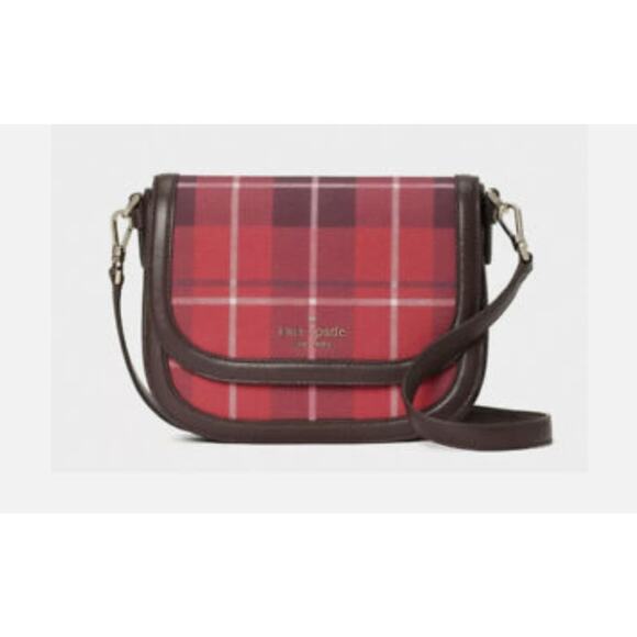 KATE SPADE PLAID SADDLE BAG "BLAKE" CROSSBODY PURSE BRIGHT ROSE RED & BLACK NEW! - Picture 8 of 8